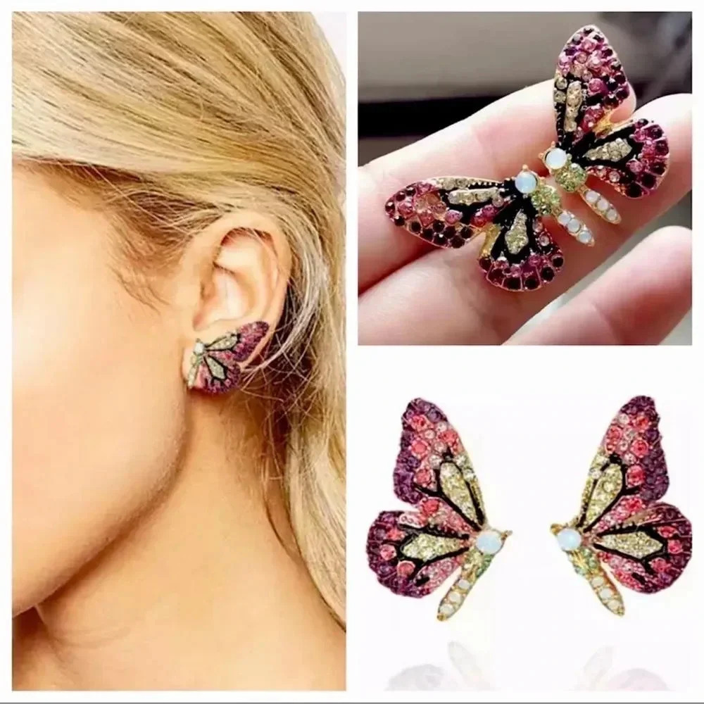 Flutterby Butterfly Pink Crystal Gold Earrings - Picture 4 of 9